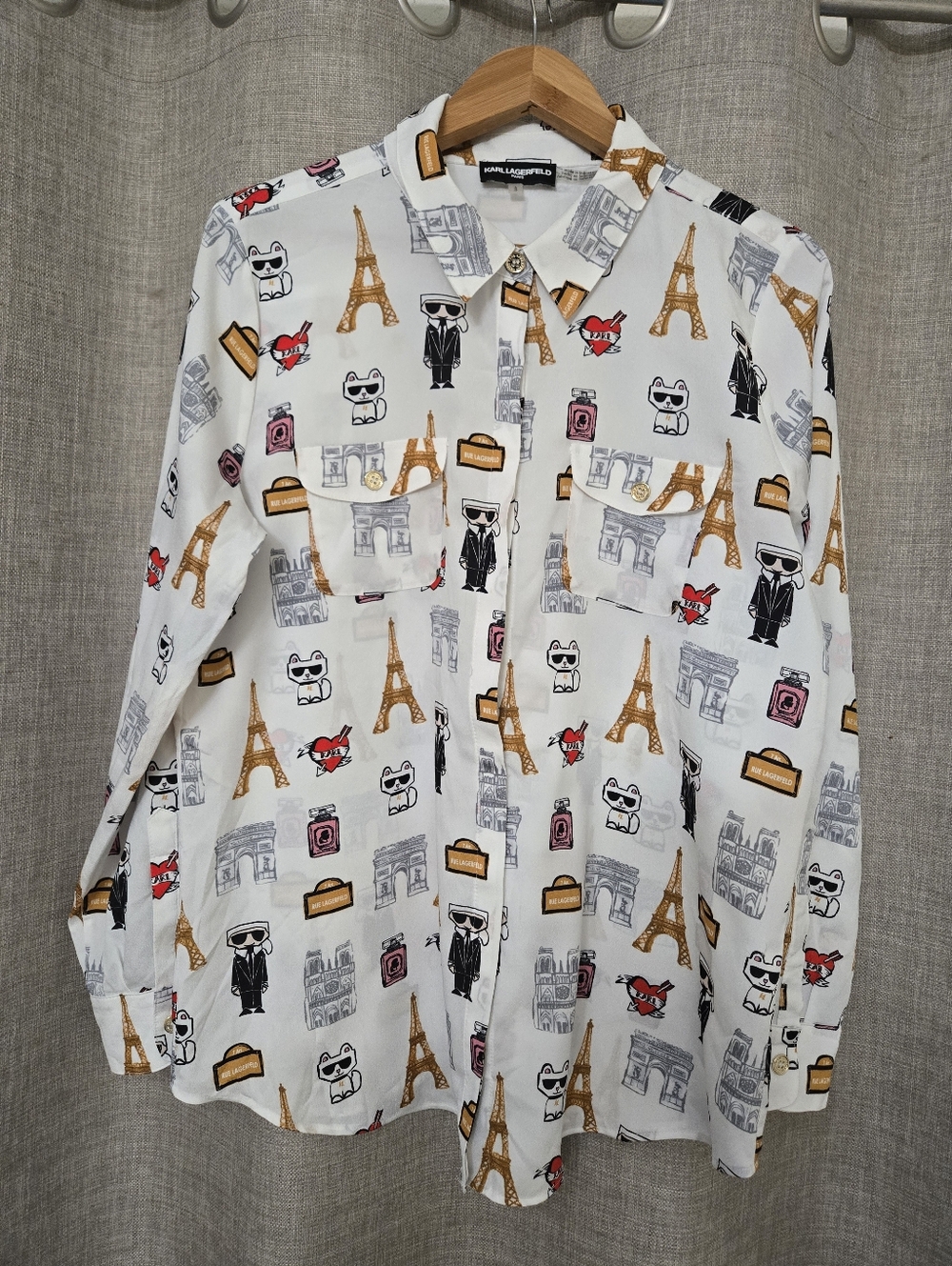 Karl Lagerfeld White Paris Print Button-Down Shirt with Gold Eiffel Motif